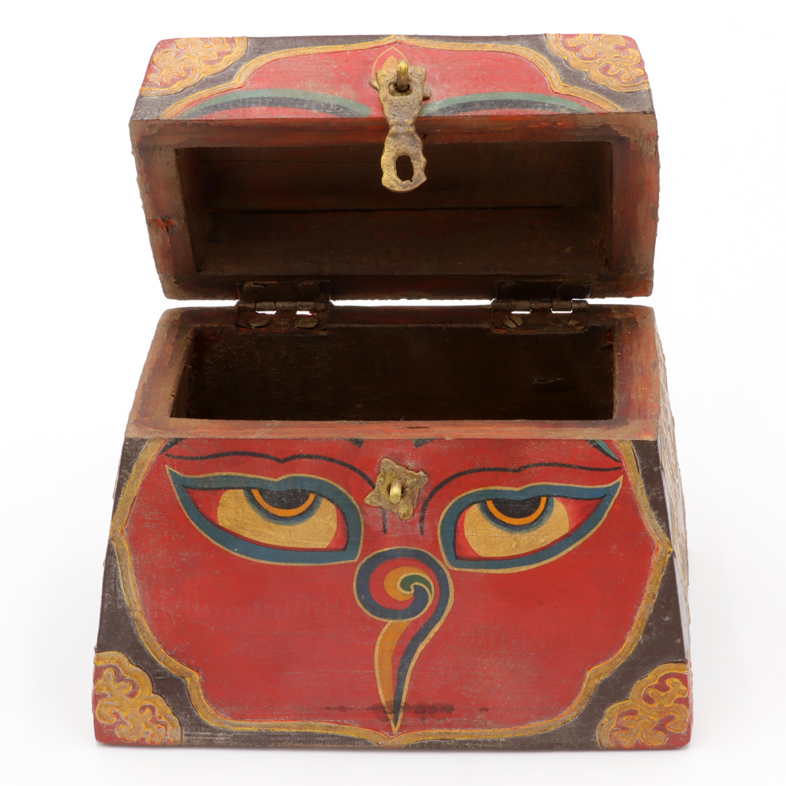 Handbemalte Kiste aus Holz - Buddha Eyes, Lotus, Endlosknoten - Trapez Design - typisch nepalesiche Farben - fair gehandelt aus Nepal