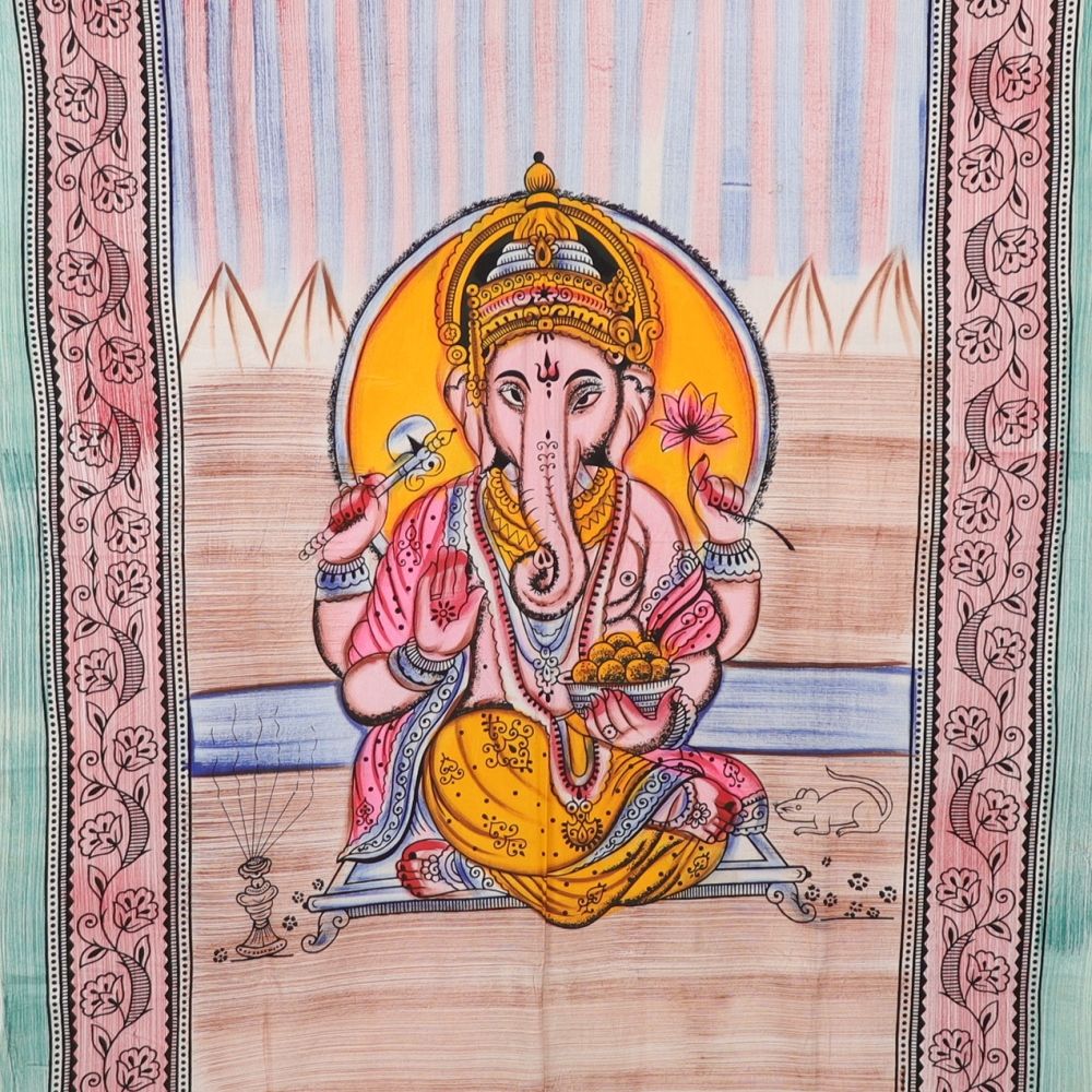 Wandtuch XL 130x210 - Ganesha mit Rahmen, Elefant - detailreicher indischer Druck - mehrfarbig - bunt - 100% Baumwolle - dekoratives Tuch, Wandbild, Tagesdecke, Bedcover, Vorhang, Picknick, Strand